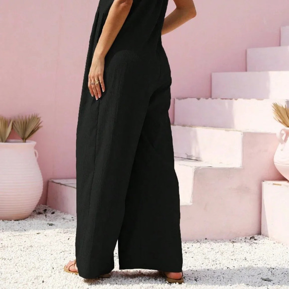 Black Casual Women's Button Pocket Strap Jumpsuit Wide Leg Pants - Picture 2 of 3